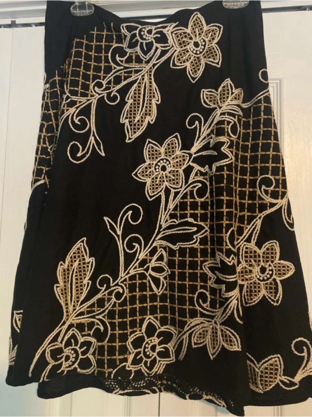 Autograph Black Linen Skirt with Cream Floral Embroidery